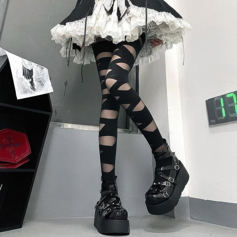 CARALL 2 Pairs Halloween Mummy Tights Gothic Punk Bandage High Stocking Y2k Cross Straps Tights Pantyhose Bandage Hosiery for Women Halloween Masquerade Cosplay Party Costume - Image 5